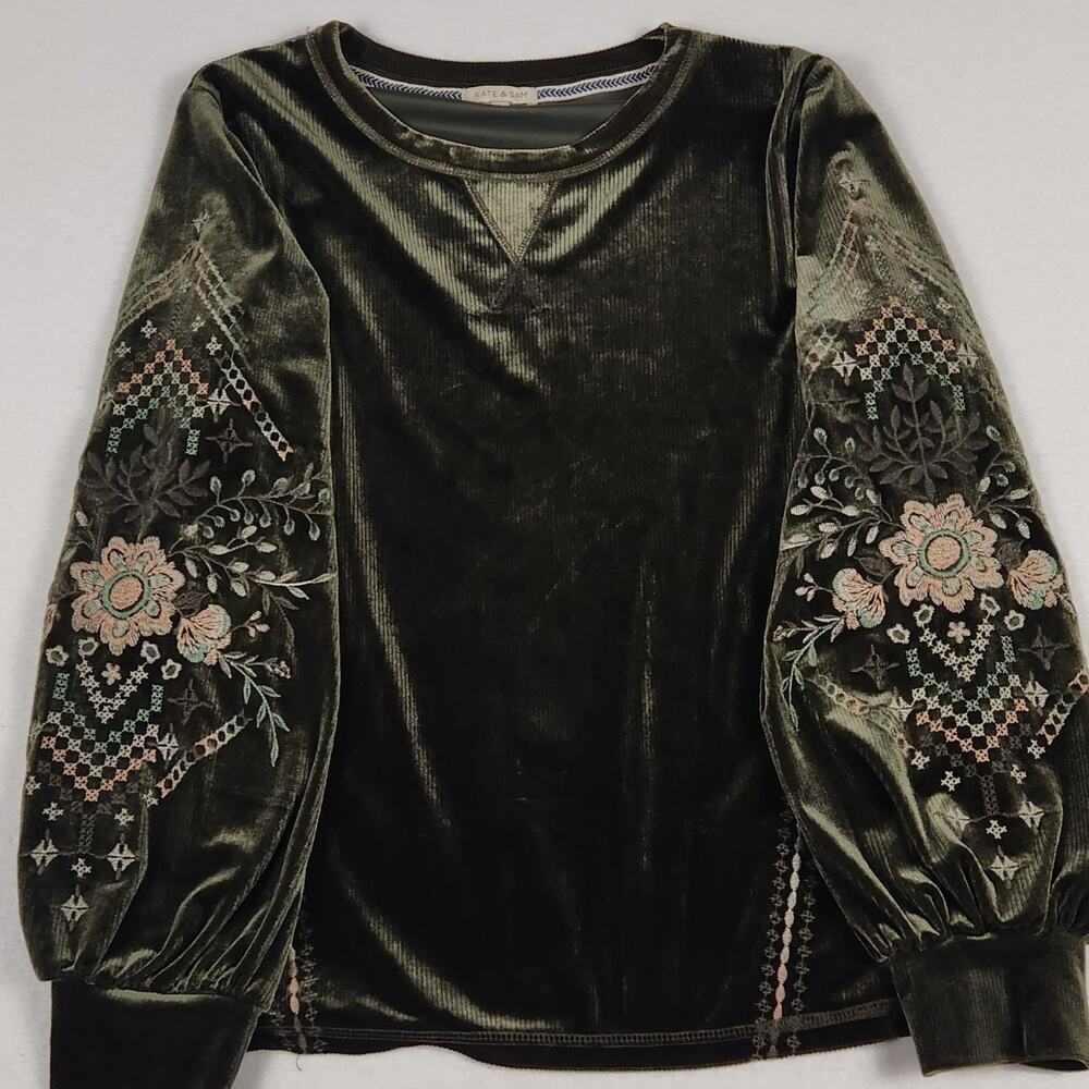 Kate & Sam Moss Green Velvet Top Floral Embroidered Balloon Sleeve Boho Size S
